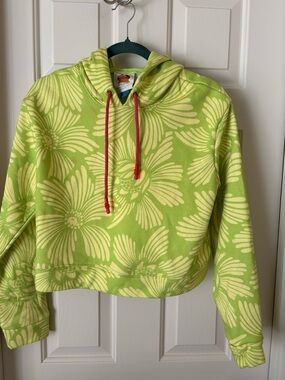 Anthropologie Lime Green Daisy-Print Cropped Hoodie with Pink Drawstrings